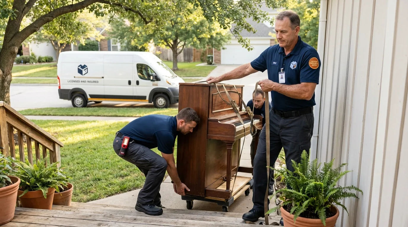 Licensed piano movers securing grand piano in Carlisle, MA