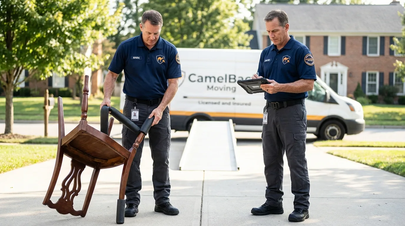 Movers inspecting furniture for damage prevention before loading in Carlisle, MA