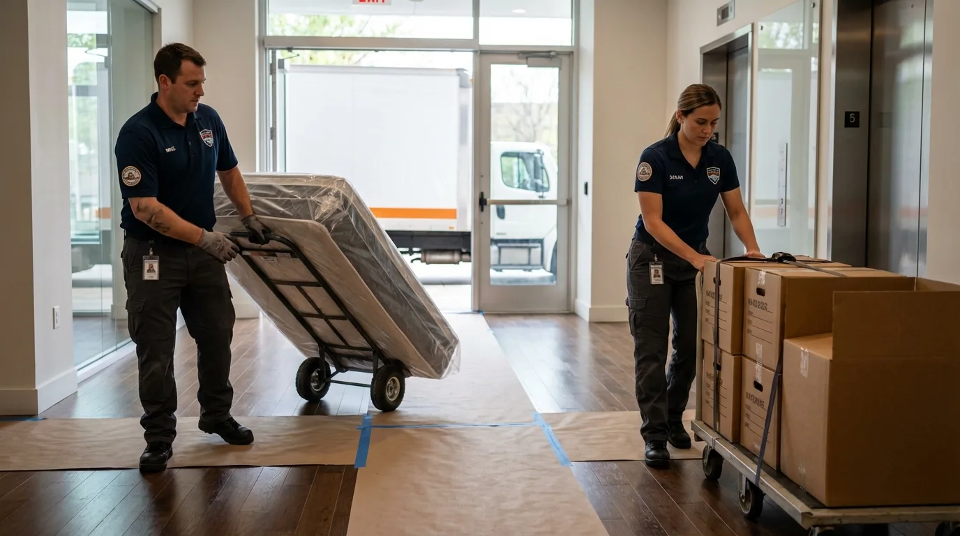 Professional apartment movers loading elevator in Carlisle, MA