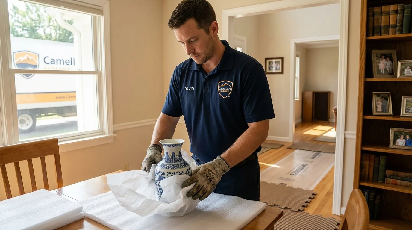 Professional crew carefully wrapping antique vase for senior downsizing move in Carlisle, MA