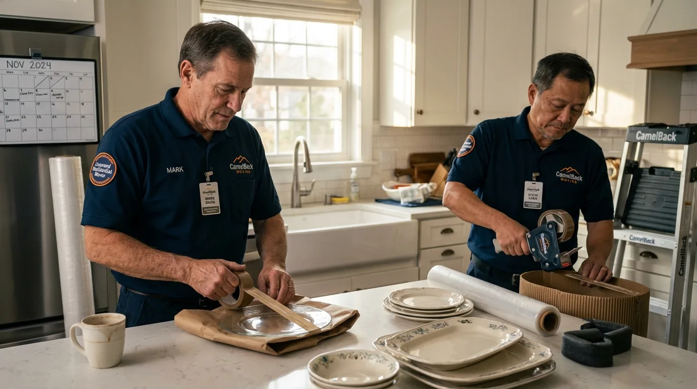 Professional crew packing kitchen dishware in Carlisle, MA
